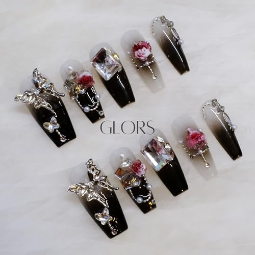 GLORS Handmade Press-On Nails - Long Coffin with 3D Butterfly & Rose, 10-Piece Set (XS, LC)