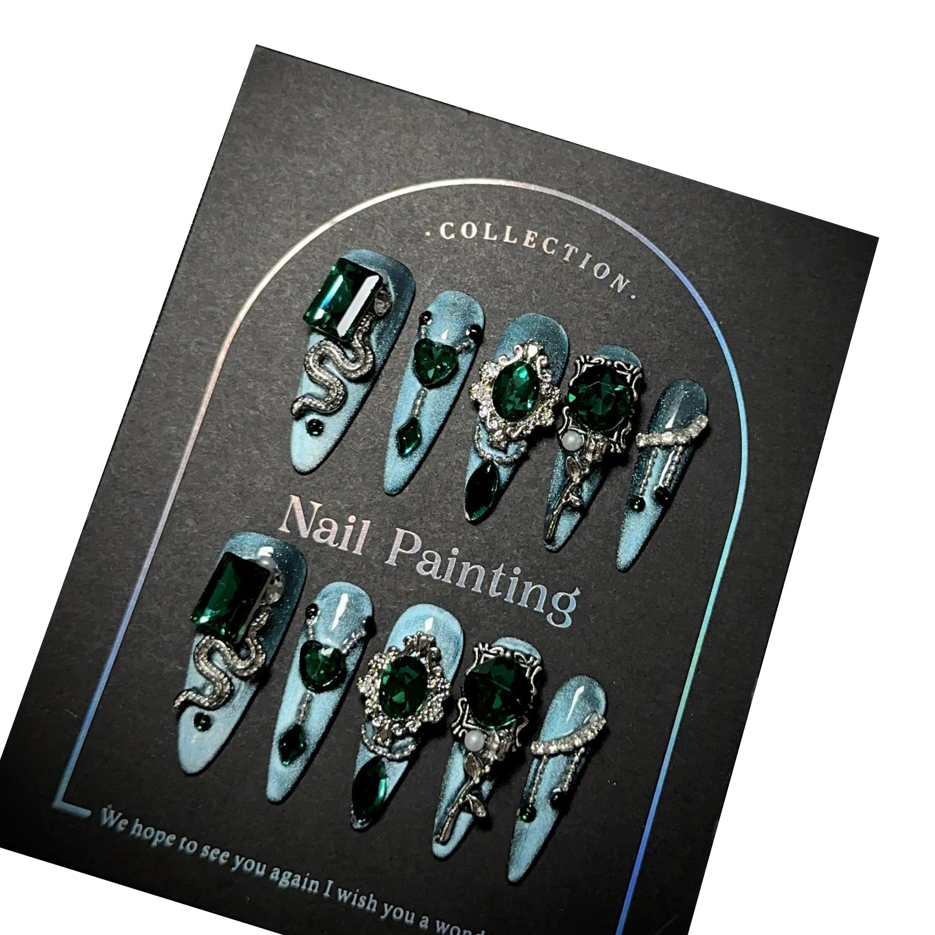 GLORS Luxury Long Press-On Nails – Blue Glitter Stiletto with Rhinestones (Medusa-Inspired)