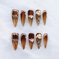GLORS Luxury Long Stiletto Press-On Nails – Brown-Gold Ombre with 3D Rhinestones & Pearls (10 Pcs, Medium LS)