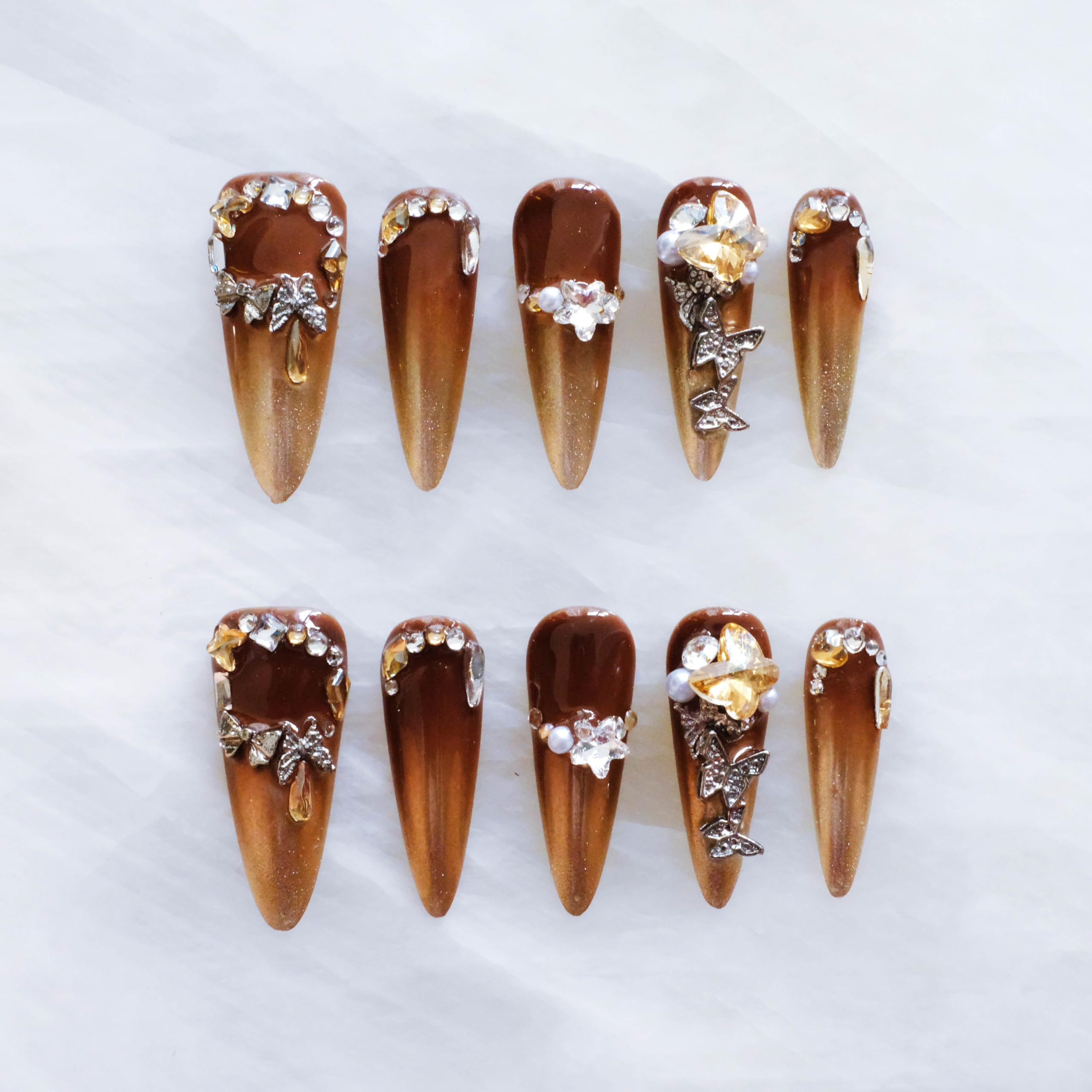 GLORS Luxury Long Stiletto Press-On Nails – Brown-Gold Ombre with 3D Rhinestones & Pearls (10 Pcs, Medium LS)