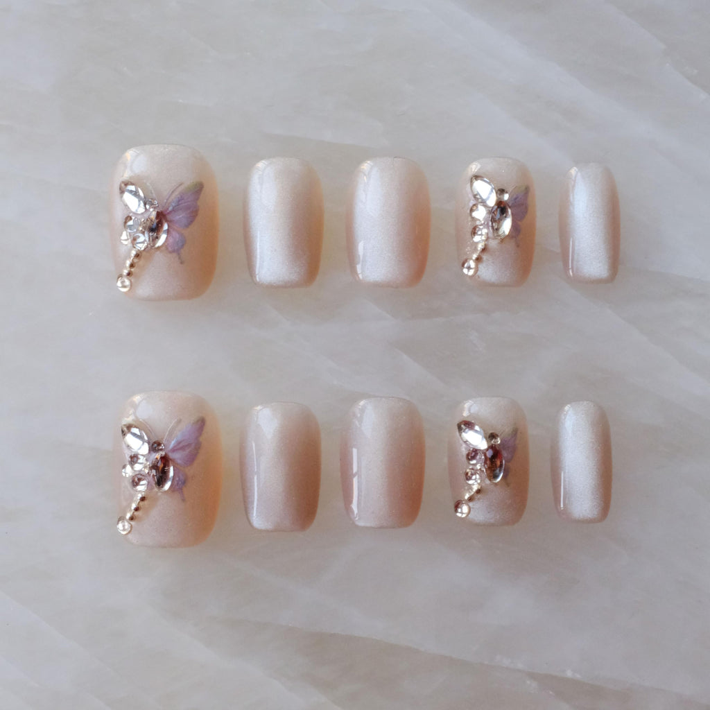GLORS Purely Handmade Short Press On Nails – Butterfly Cat-Eye Art, 10pcs