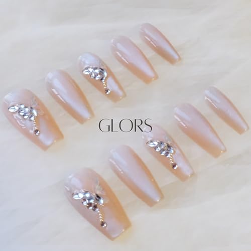 GLORS Press On Nails - Long Ballerina Coffin Nude Pink with Butterfly Rhinestones (10-Piece, Medium LB)