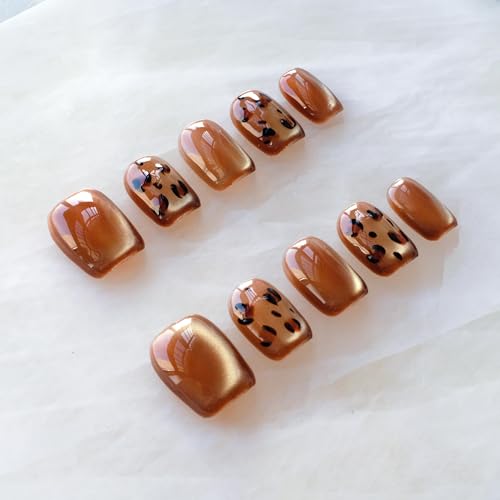[GLORS] Caramel Leopard Glitter Cat Eye False Nail Press-Ons - Premium Fall Winter Style, Short Square Shape, 10 Pieces (XS, SS)