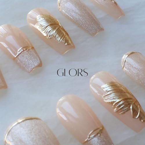 GLORS Press On Nails - Long Ballerina Nude Pink with Gold Accents - 10 Pieces (XS/LB)