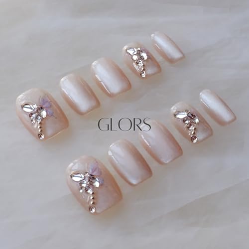 GLORS Purely Handmade Short Press On Nails – Butterfly Cat-Eye Art, 10pcs