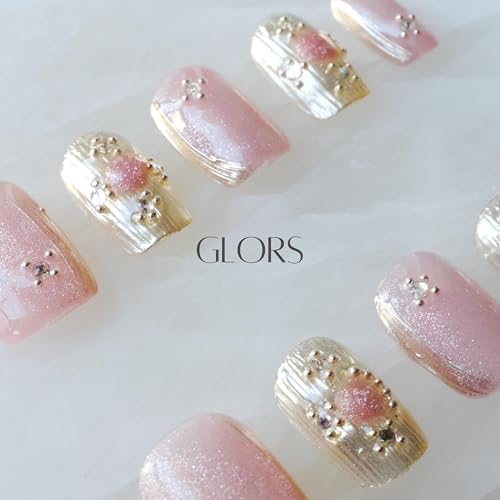 GLORS Purely Handmade Press On Nails — Pink Purple Cat-Eye Buccilati, Short Square, 10pcs (SS)