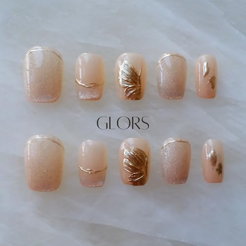 GLORS Flower Dance Press On Nails – Cat-Eye, Icy Nude Short Square (10 pcs)