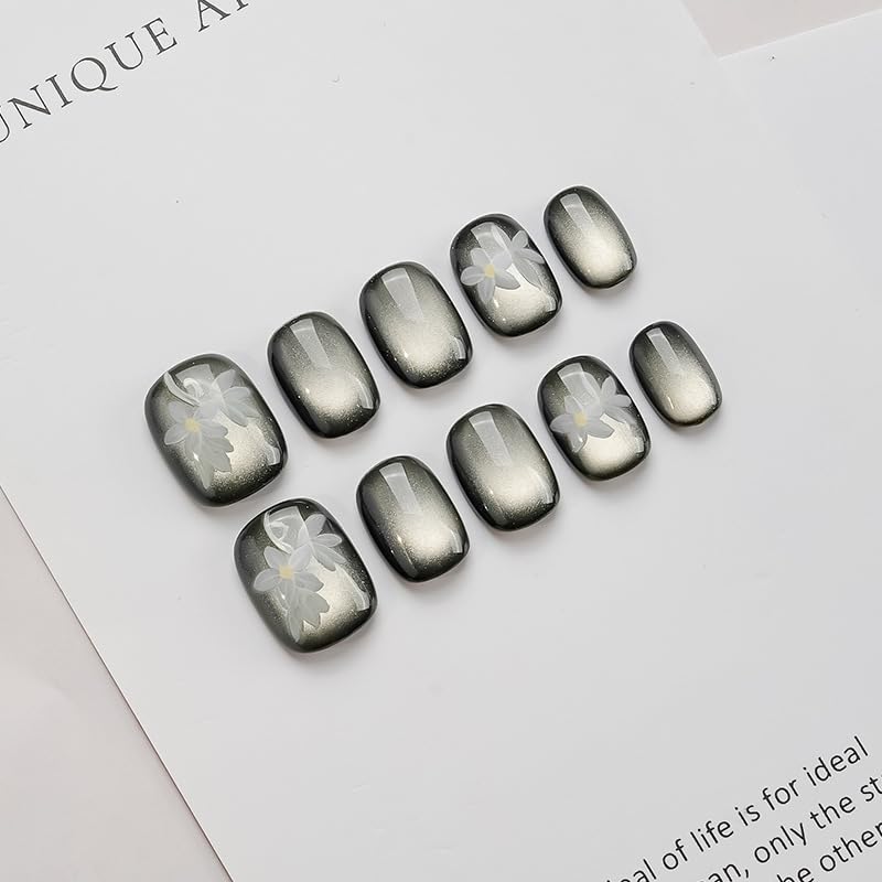 GLORS Handmade Short Square Press-On Nails — Cateye Black with Flower Design (10 Pieces, Medium, SS)
