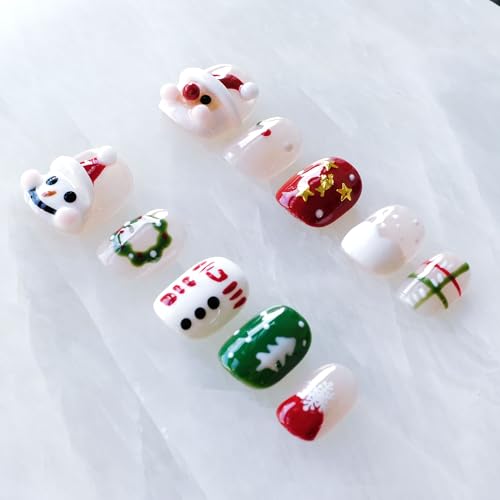 GLORS Christmas Press-On Nails – Short Square 3D Festive Design (Santa & Snowman) – 10 Pieces