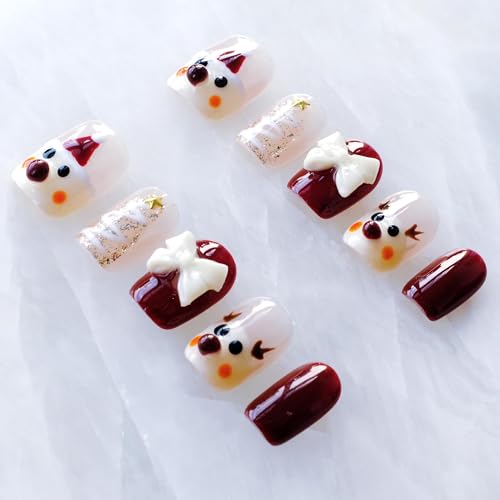 GLORS Christmas Press-On Nails – Short Square Festive Reindeer & Bow (10-Piece, SS)