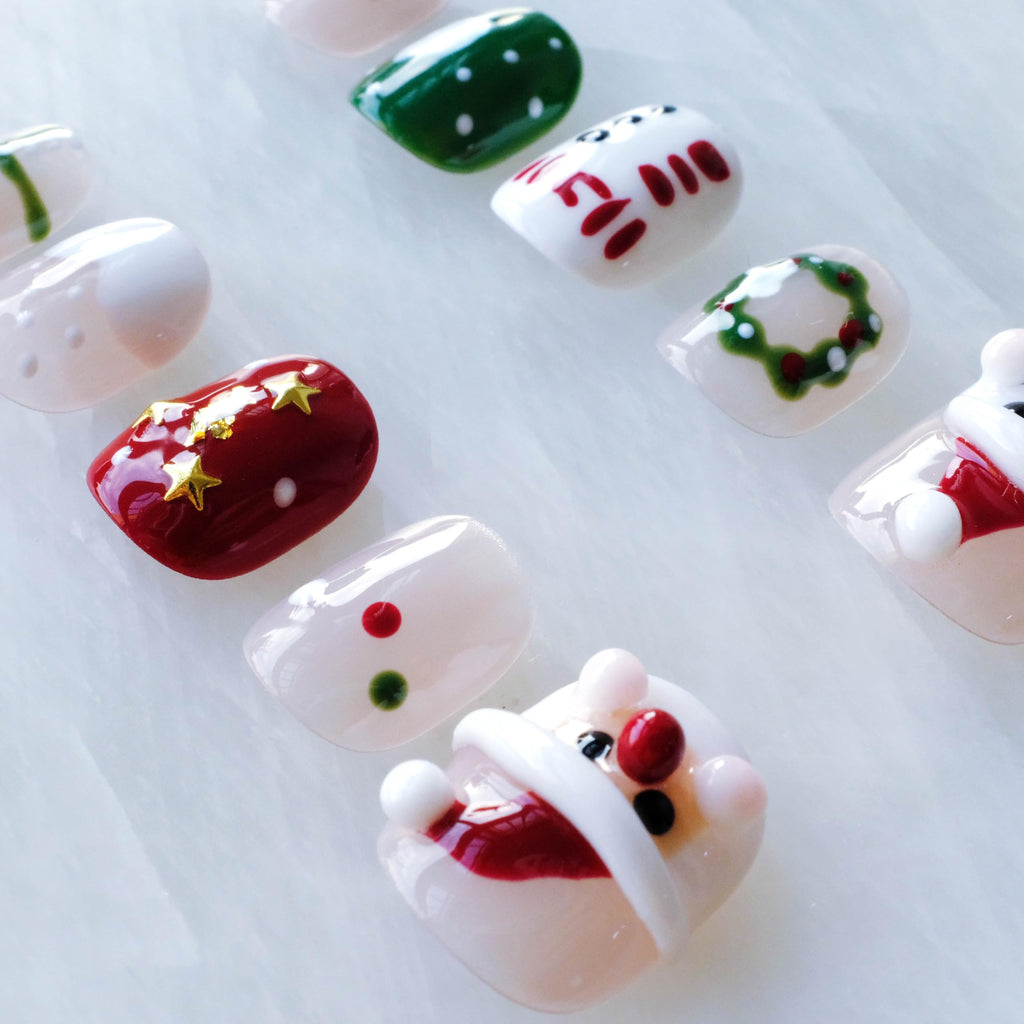 GLORS Christmas Press-On Nails – Short Square 3D Festive Design (Santa & Snowman) – 10 Pieces
