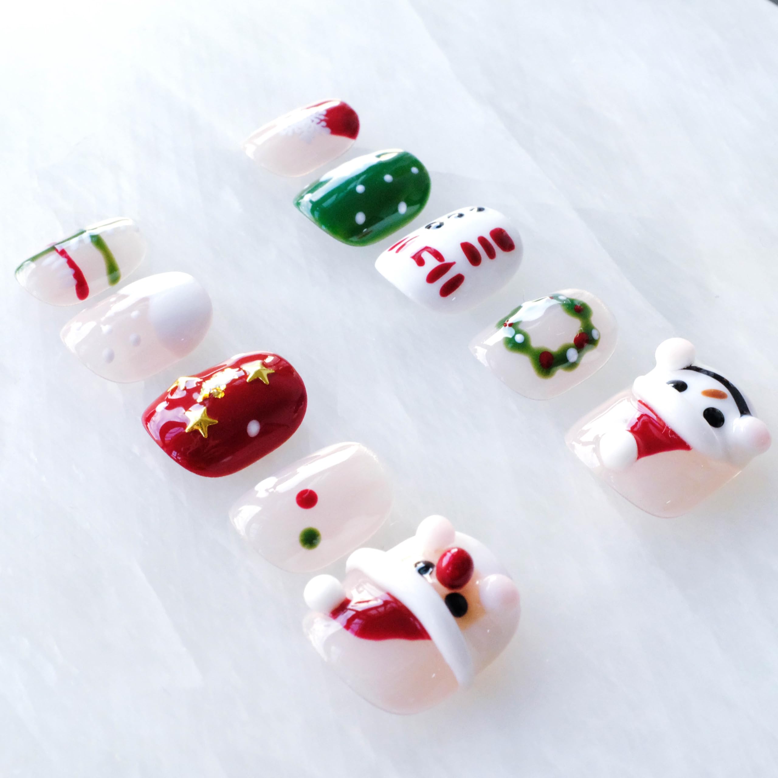 GLORS Christmas Press-On Nails – Short Square 3D Festive Design (Santa & Snowman) – 10 Pieces