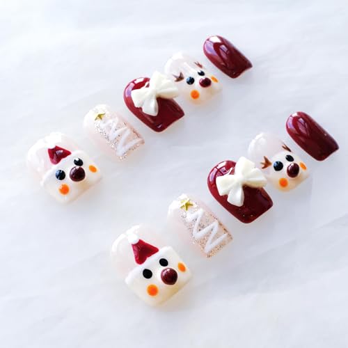 GLORS Christmas Press-On Nails – Short Square Festive Reindeer & Bow (10-Piece, SS)
