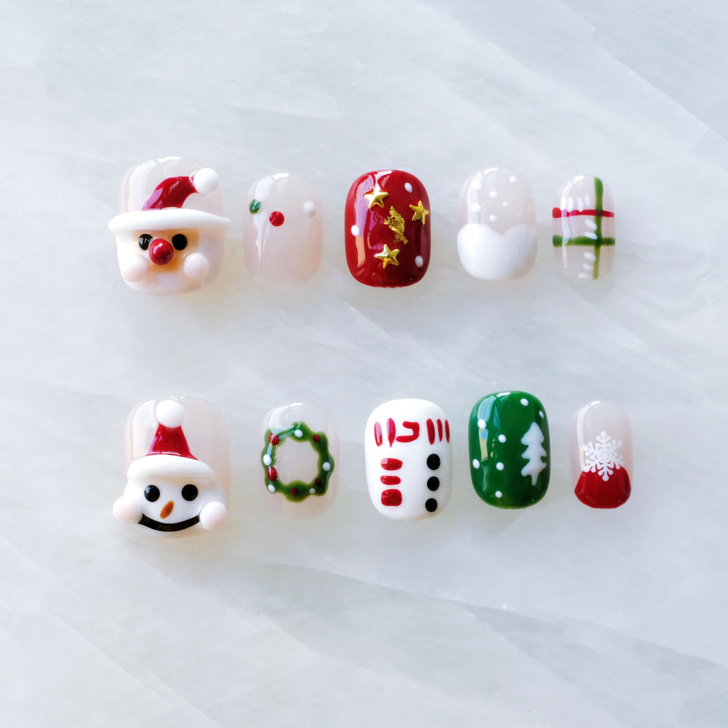 GLORS Christmas Press-On Nails – Short Square 3D Festive Design (Santa & Snowman) – 10 Pieces