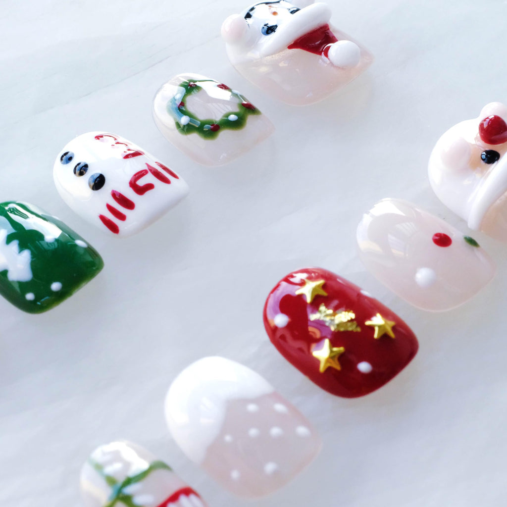 GLORS Christmas Press-On Nails – Short Square 3D Festive Design (Santa & Snowman) – 10 Pieces