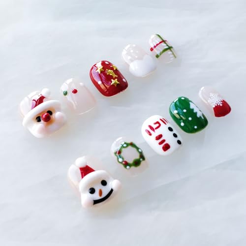 GLORS Christmas Press-On Nails – Short Square 3D Festive Design (Santa & Snowman) – 10 Pieces