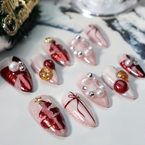 GLORS Christmas Press On Nails – Medium Almond Shape, Pearl & Red Bow Design, 10 Pieces (Medium, MB)
