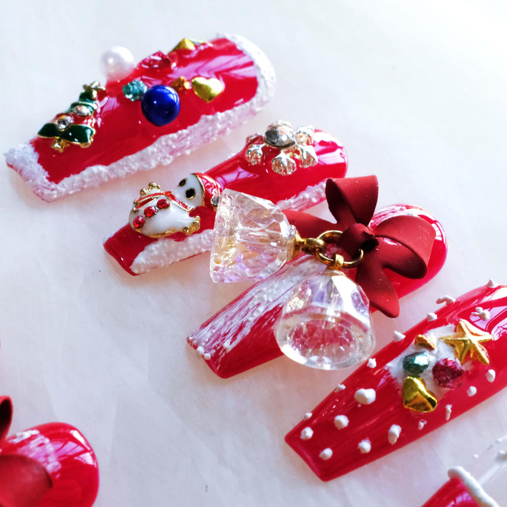 GLORS Christmas Press-On Nails – Long Ballerina Shape, Red & White Snowman Design, 10 Pcs (Small, LS)