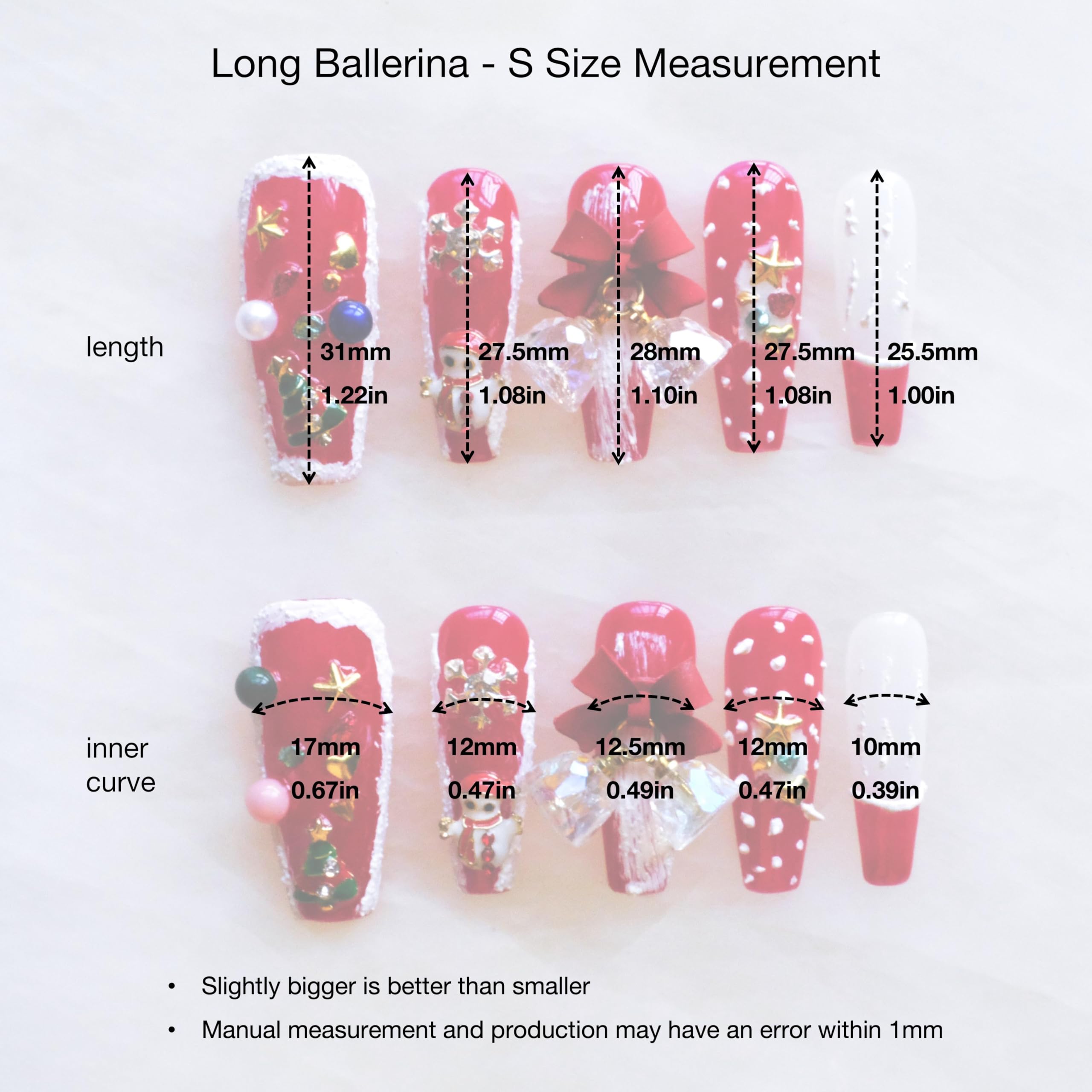 GLORS Christmas Press-On Nails – Long Ballerina Shape, Red & White Snowman Design, 10 Pcs (Small, LS)