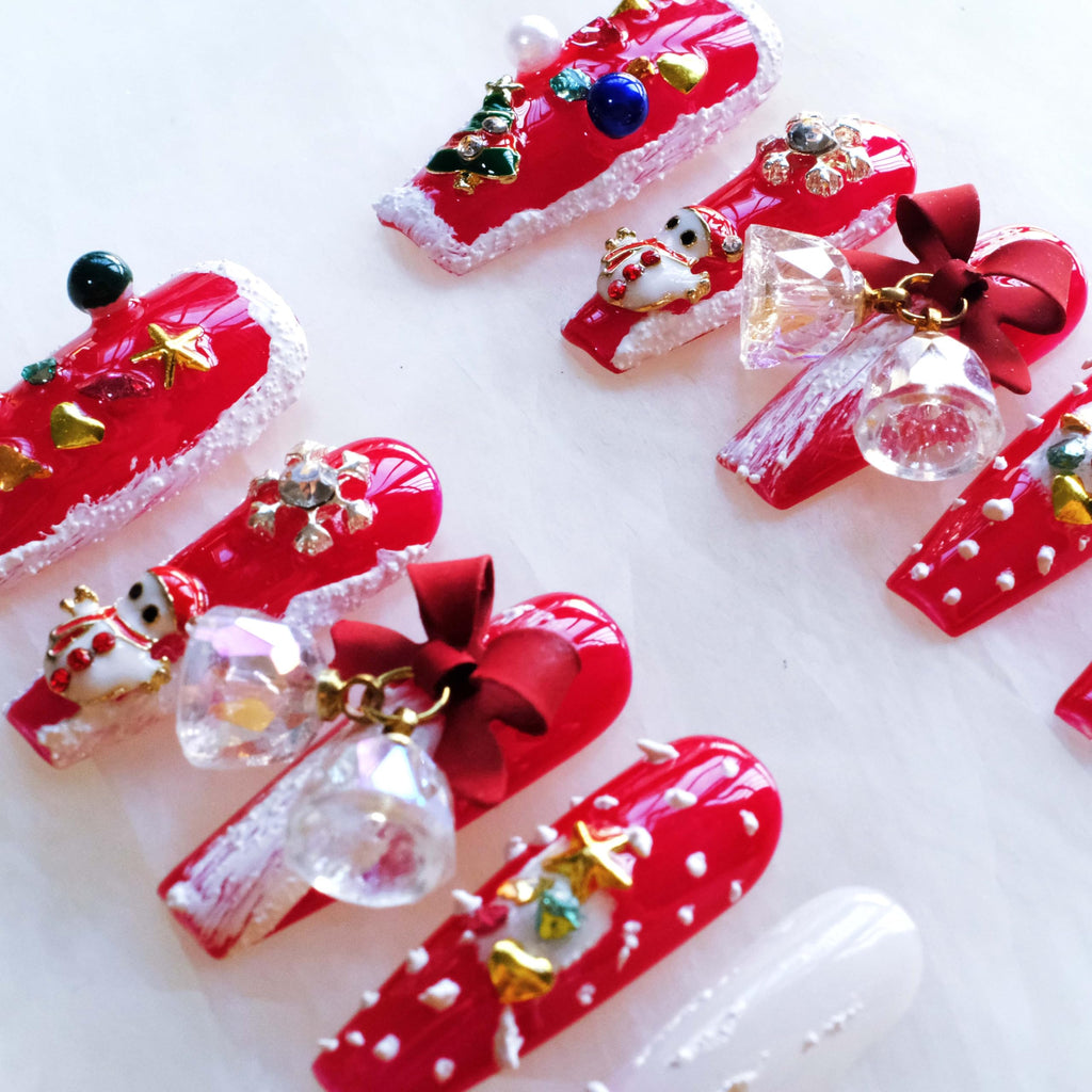 GLORS Christmas Press-On Nails – Long Ballerina Shape, Red & White Snowman Design, 10 Pcs (Small, LS)