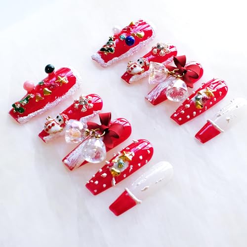 GLORS Christmas Press-On Nails – Long Ballerina Shape, Red & White Snowman Design, 10 Pcs (Small, LS)