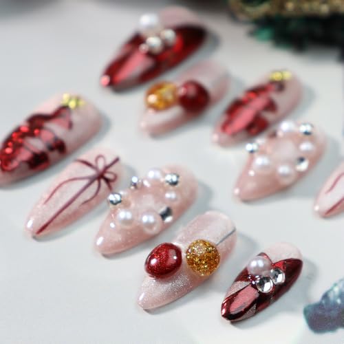 GLORS Christmas Press On Nails – Medium Almond Shape, Pearl & Red Bow Design, 10 Pieces (Medium, MB)