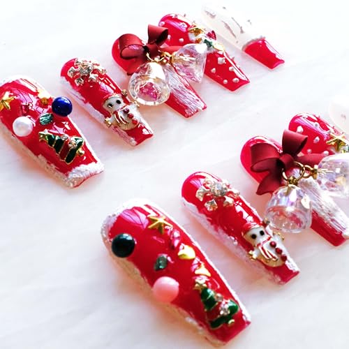 GLORS Christmas Press-On Nails – Long Ballerina Shape, Red & White Snowman Design, 10 Pcs (Small, LS)