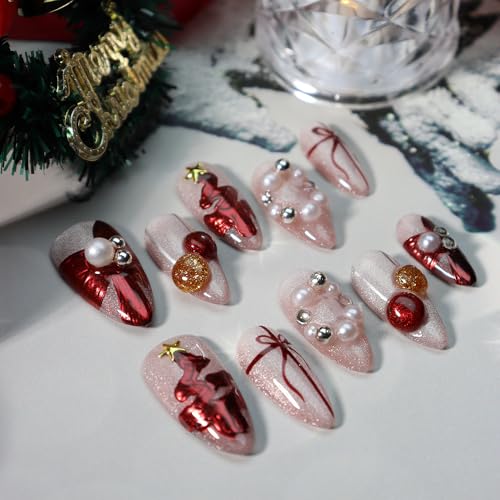 GLORS Christmas Press On Nails – Medium Almond Shape, Pearl & Red Bow Design, 10 Pieces (Medium, MB)