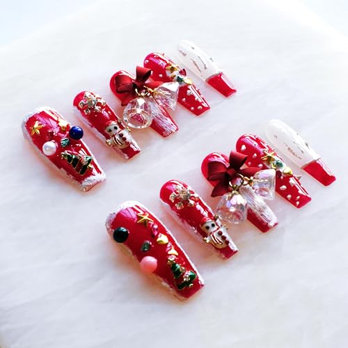 GLORS Christmas Press-On Nails – Long Ballerina Shape, Red & White Snowman Design, 10 Pcs (Small, LS)