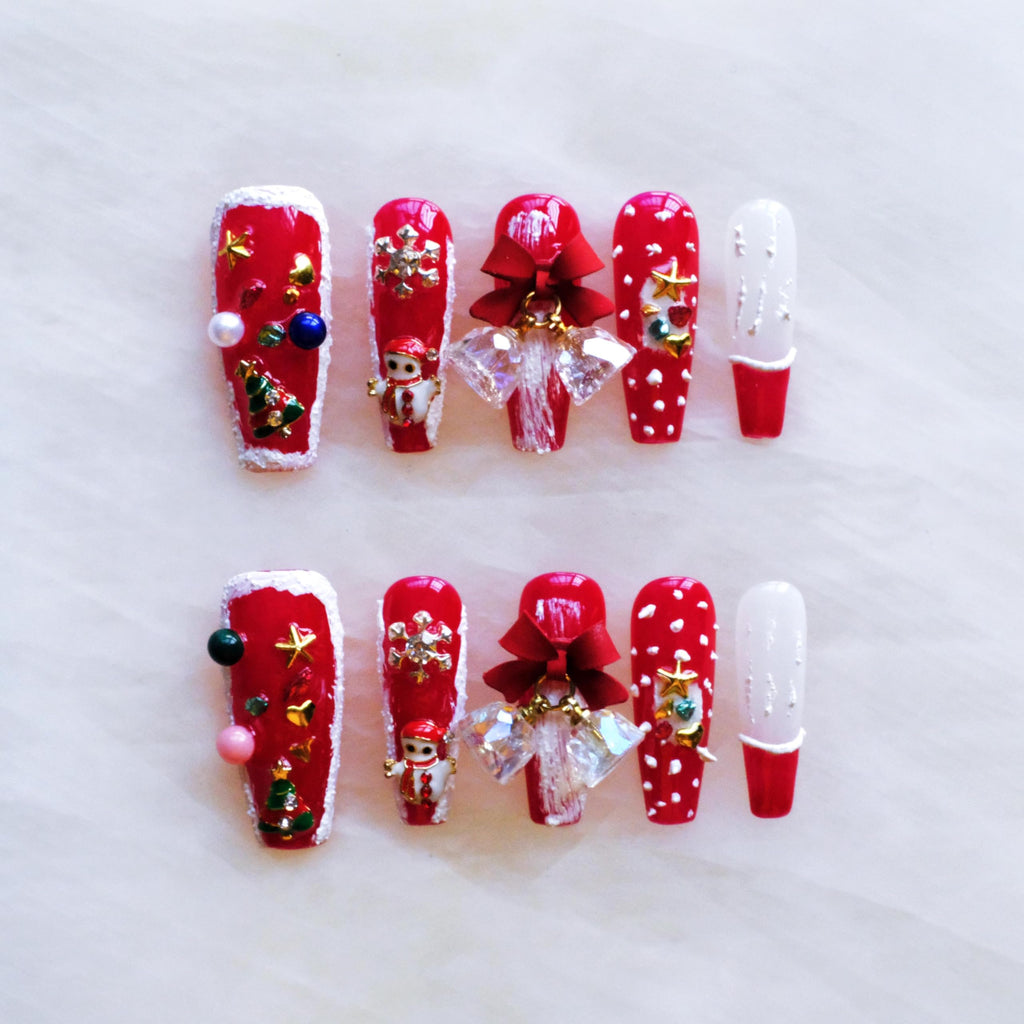 GLORS Christmas Press-On Nails – Long Ballerina Shape, Red & White Snowman Design, 10 Pcs (Small, LS)