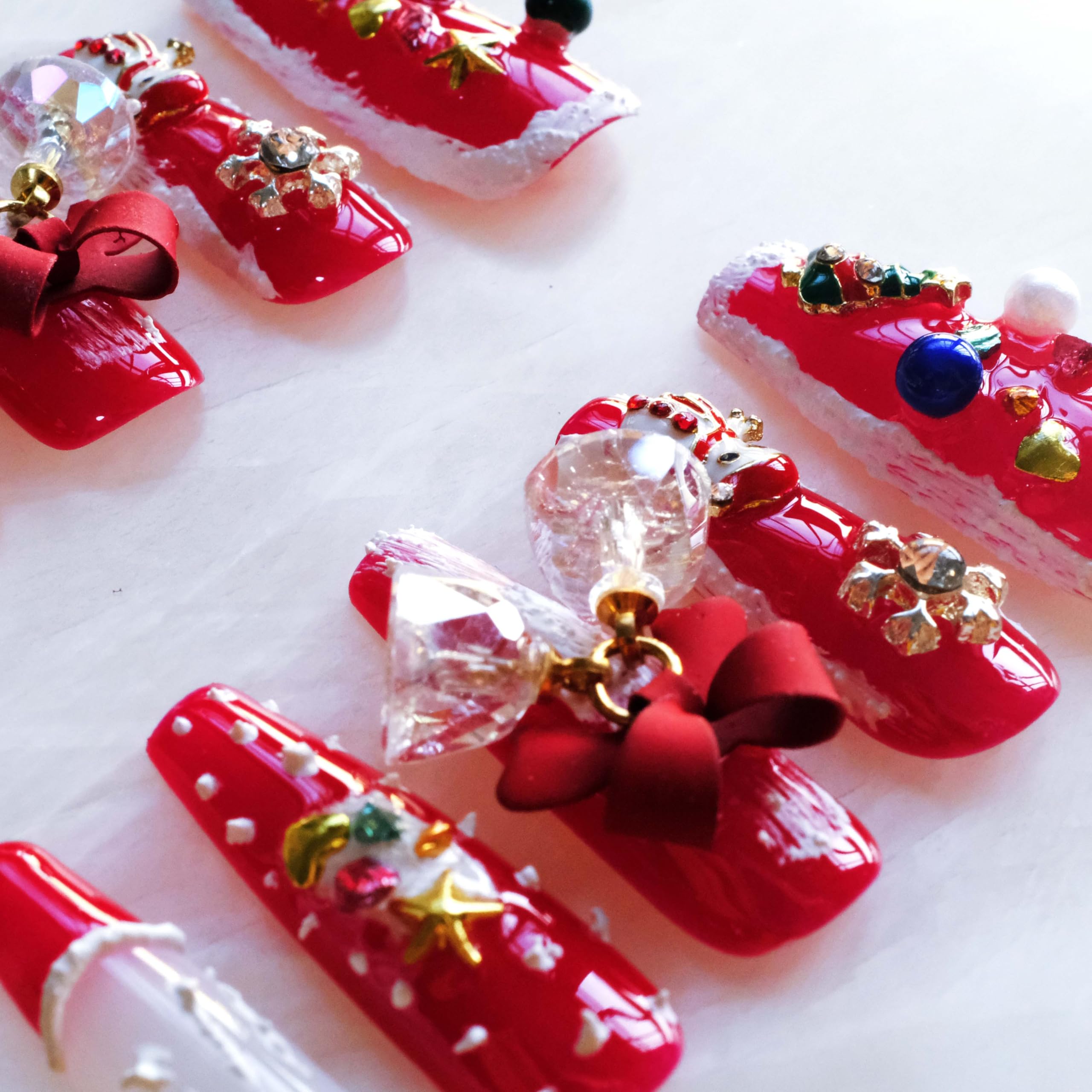 GLORS Christmas Press-On Nails – Long Ballerina Shape, Red & White Snowman Design, 10 Pcs (Small, LS)