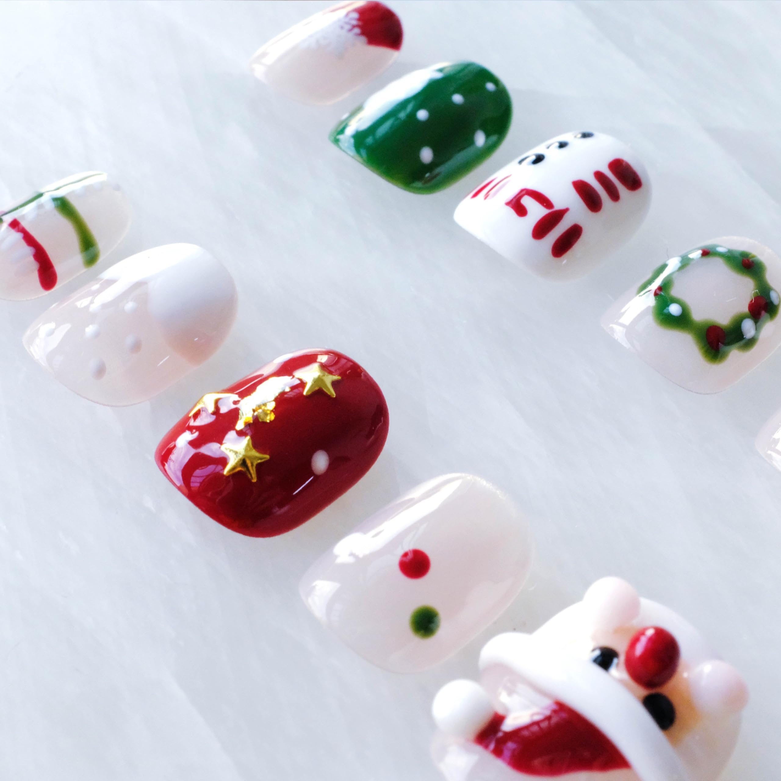 GLORS Christmas Press-On Nails – Short Square 3D Santa & Snowman Set (10 Pieces)