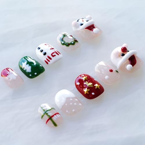 GLORS Christmas Press-On Nails – Short Square 3D Santa & Snowman Set (10 Pieces)