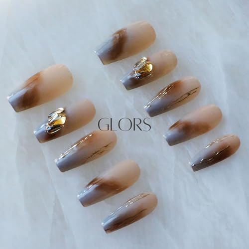 GLORS Ombre Press On Nails – Long Ballerina Nude to Gray with Gold Accents (10-Piece, Large LB)