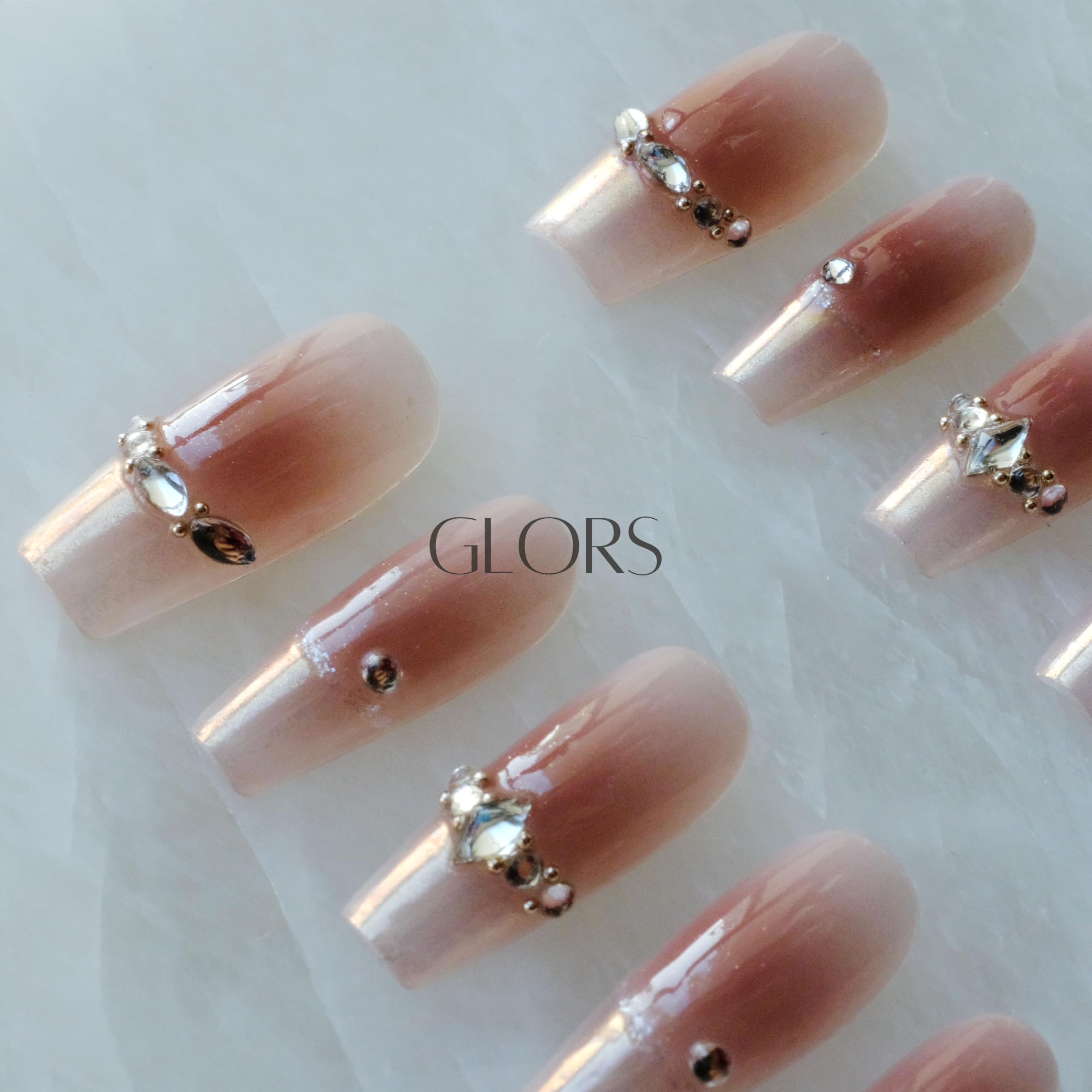 GLORS Long Ballerina Press-On Nails – Pink French Rhinestones, Coffin Shape (10 Pieces, Large)