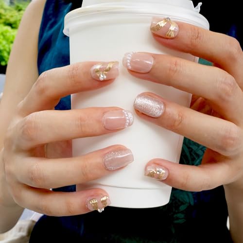 GLORS Purely Handmade Press On Nails – Elegant French Pink Pearl Gold, Short Square, 10 pcs (Medium SS)