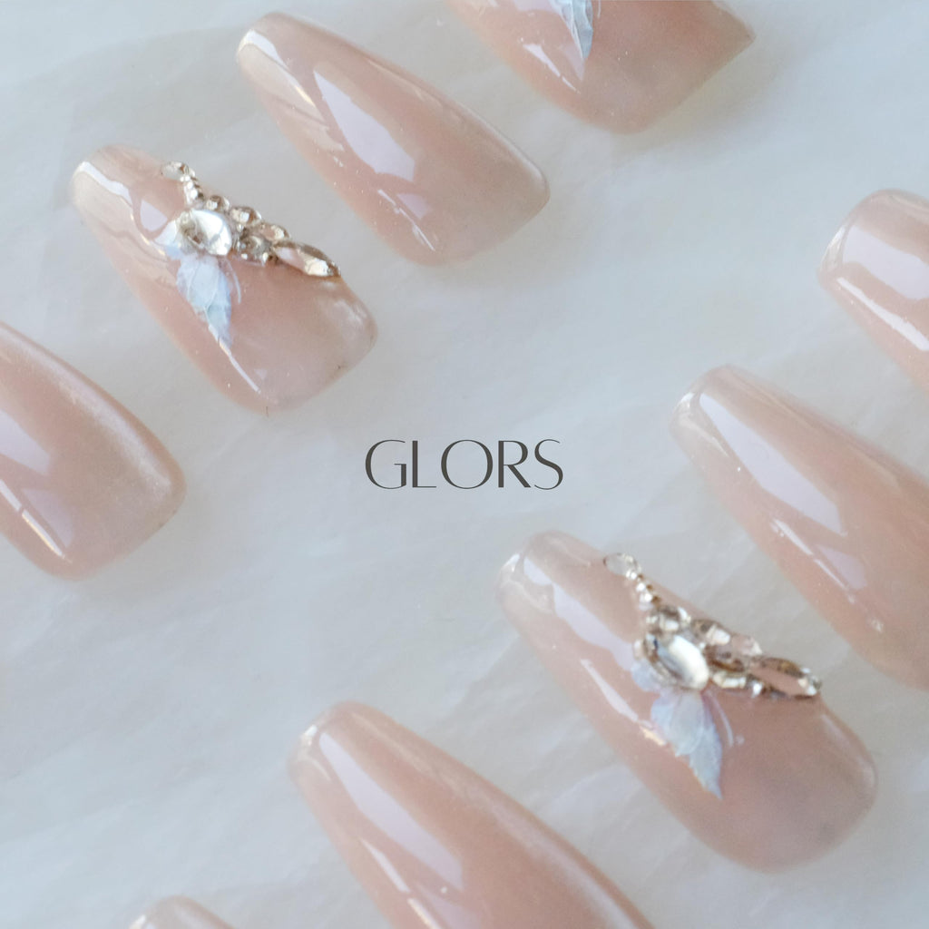 GLORS Press On Nails – Long Ballerina Coffin Nude Pink with Butterfly Rhinestones | 10 Pieces (Small, LB)
