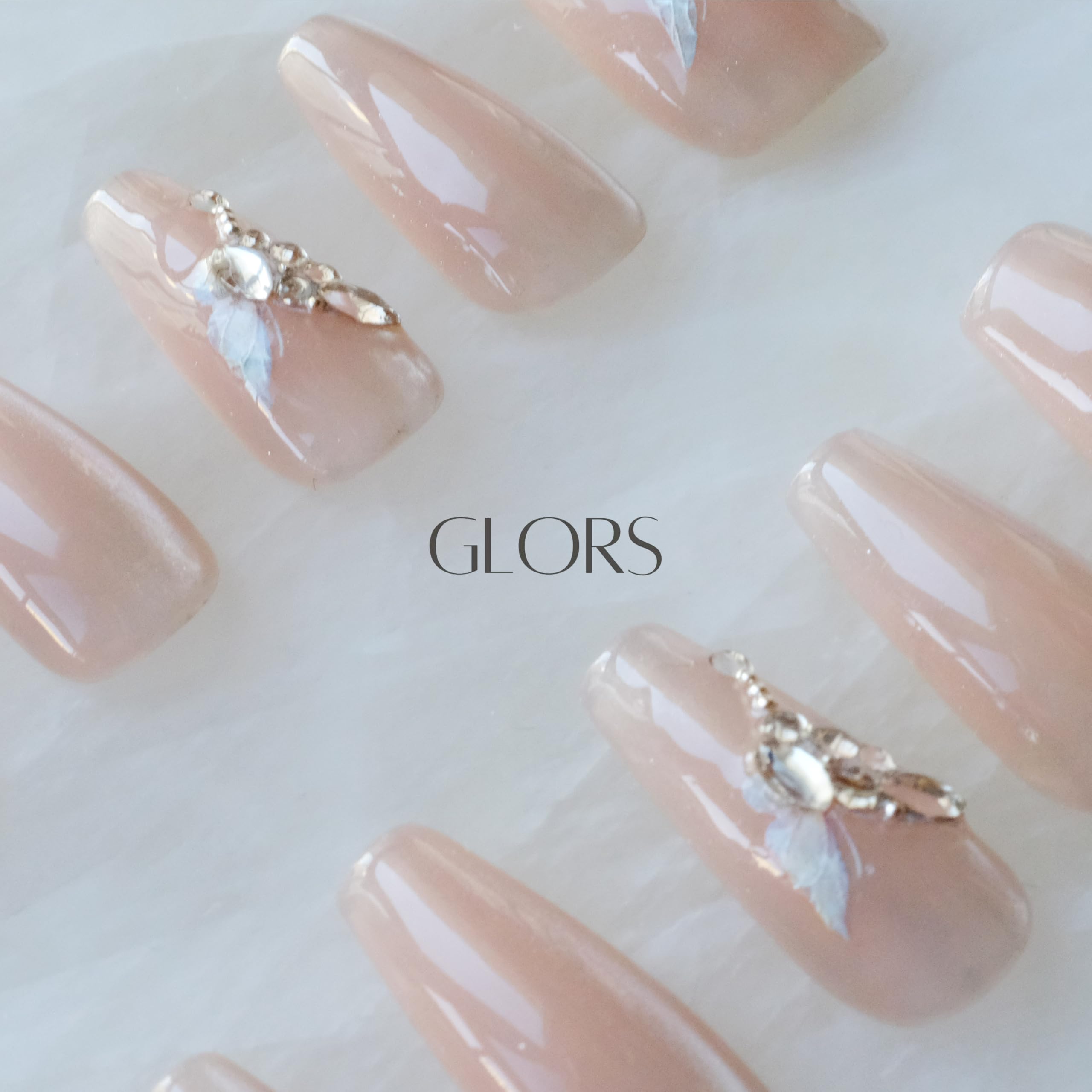 GLORS Press On Nails – Long Ballerina Coffin Nude Pink with Butterfly Rhinestones | 10 Pieces (Small, LB)
