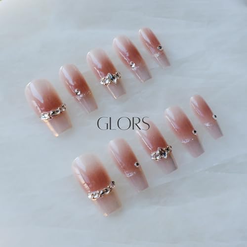 GLORS Long Ballerina Press-On Nails Pink French with Rhinestones | Coffin Shape