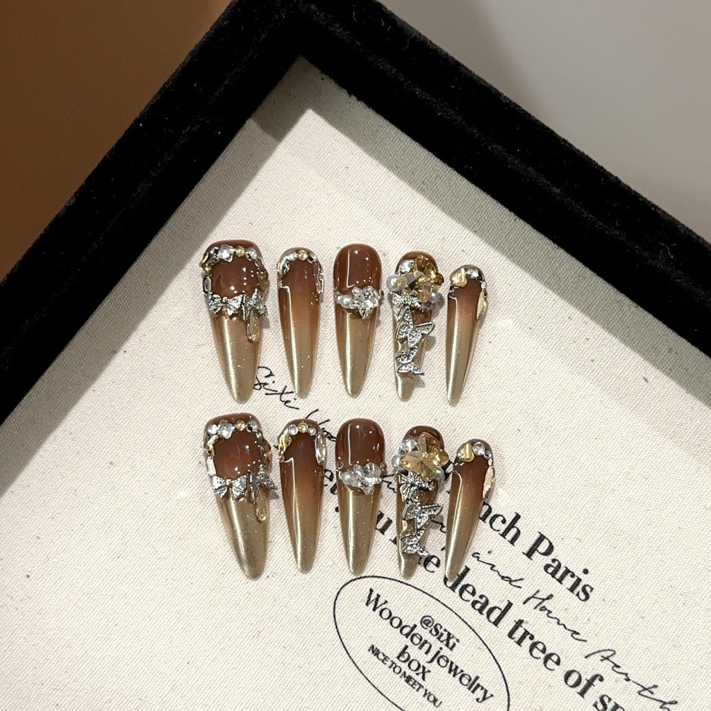 GLORS Luxury Long Stiletto Press-On Nails – Brown-Gold Ombre with 3D Rhinestones & Pearls (10 Pcs, Medium LS)