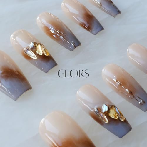 GLORS Ombre Press On Nails – Long Ballerina Nude to Gray with Gold Accents (10-Piece, Large LB)