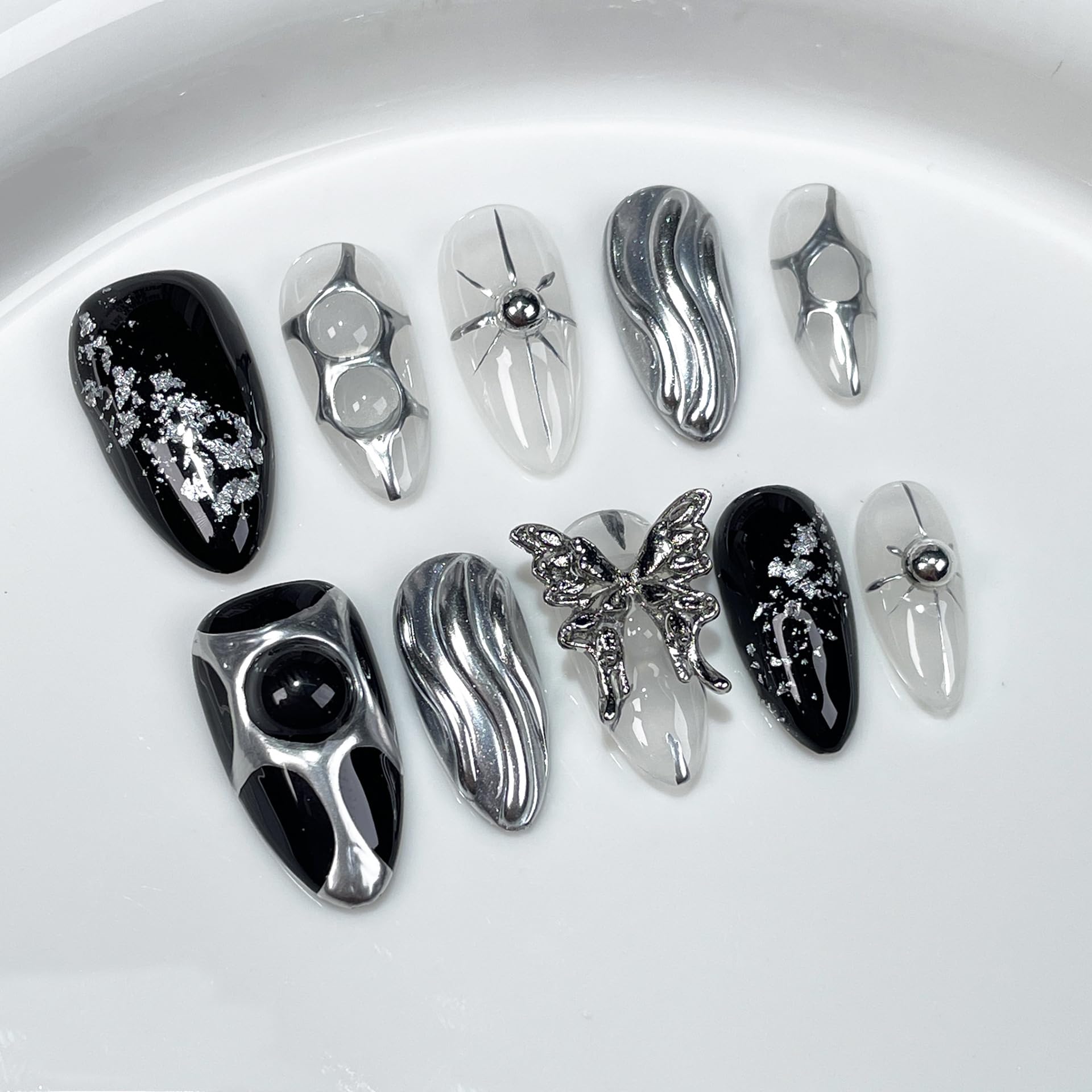 GLORS Gothic Long Almond Press-On Nails – Black & Silver with Butterfly Accent