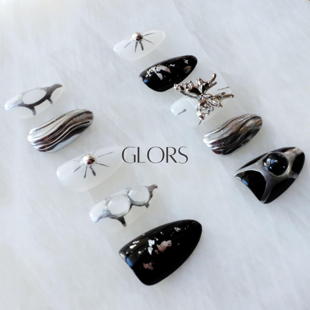 GLORS Gothic Long Almond Press-On Nails – Black & Silver with Butterfly Accent