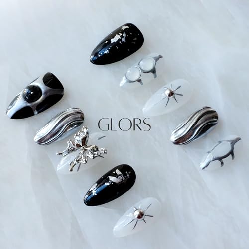 GLORS Gothic Long Almond Press-On Nails – Black & Silver with Butterfly Accent