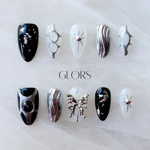 GLORS Gothic Long Almond Press-On Nails – Black & Silver with Butterfly Accent
