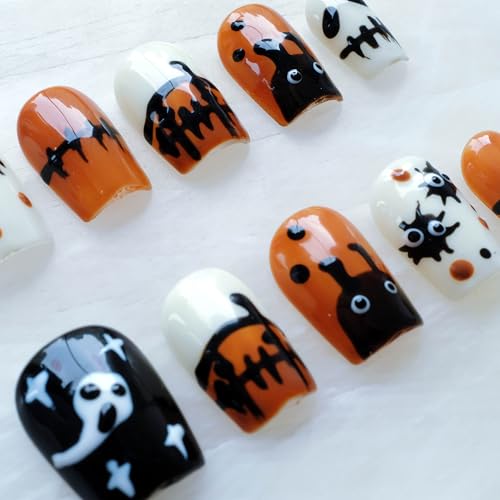 GLORS Halloween Press On Nails – Handmade Short Square False Nails (10P), Orange & Black Design