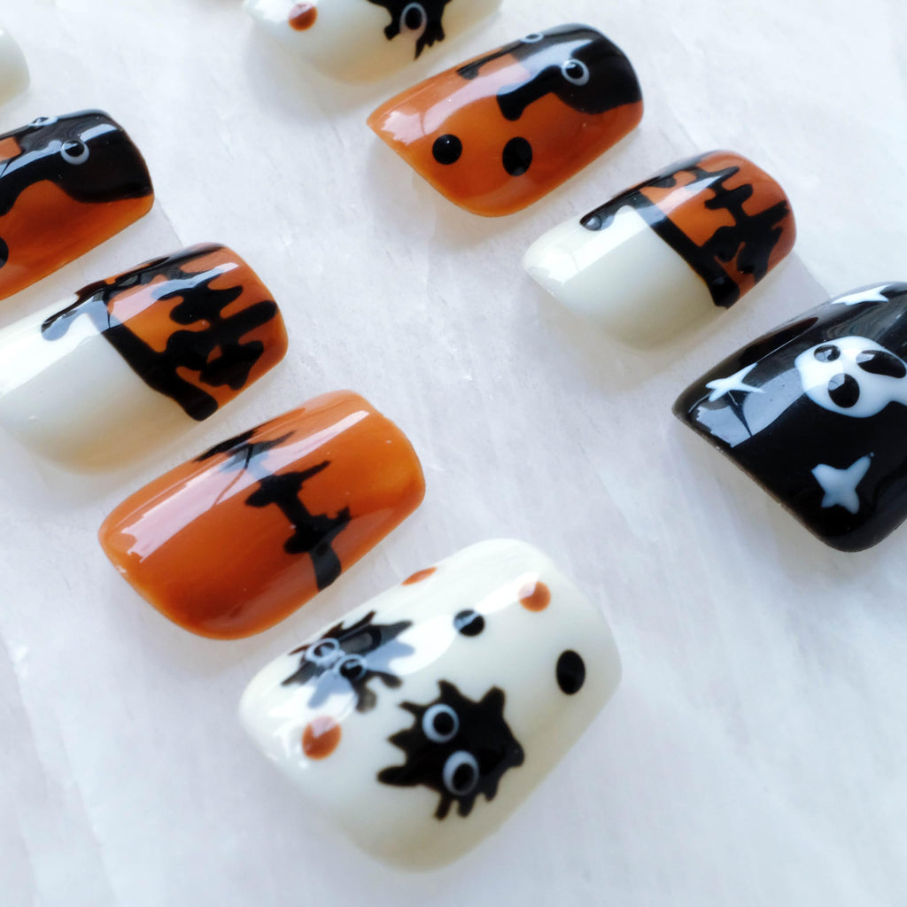 GLORS Halloween Press On Nails – Handmade Short Square False Nails (10P), Orange & Black Design