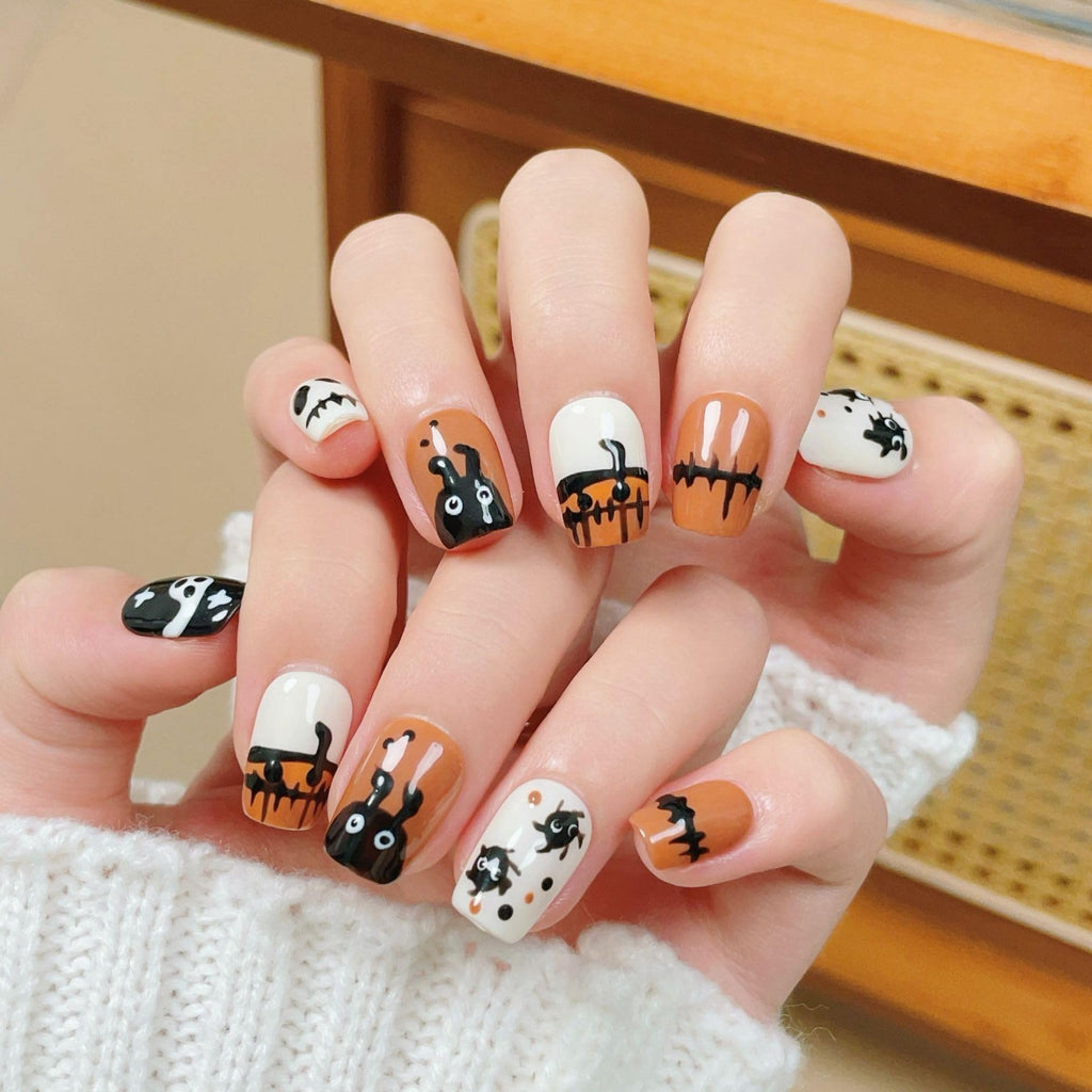 GLORS Halloween Press On Nails – Handmade Short Square False Nails (10P), Orange & Black Design