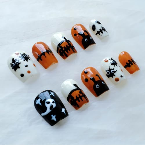 GLORS Halloween Press On Nails – Handmade Short Square False Nails (10P), Orange & Black Design