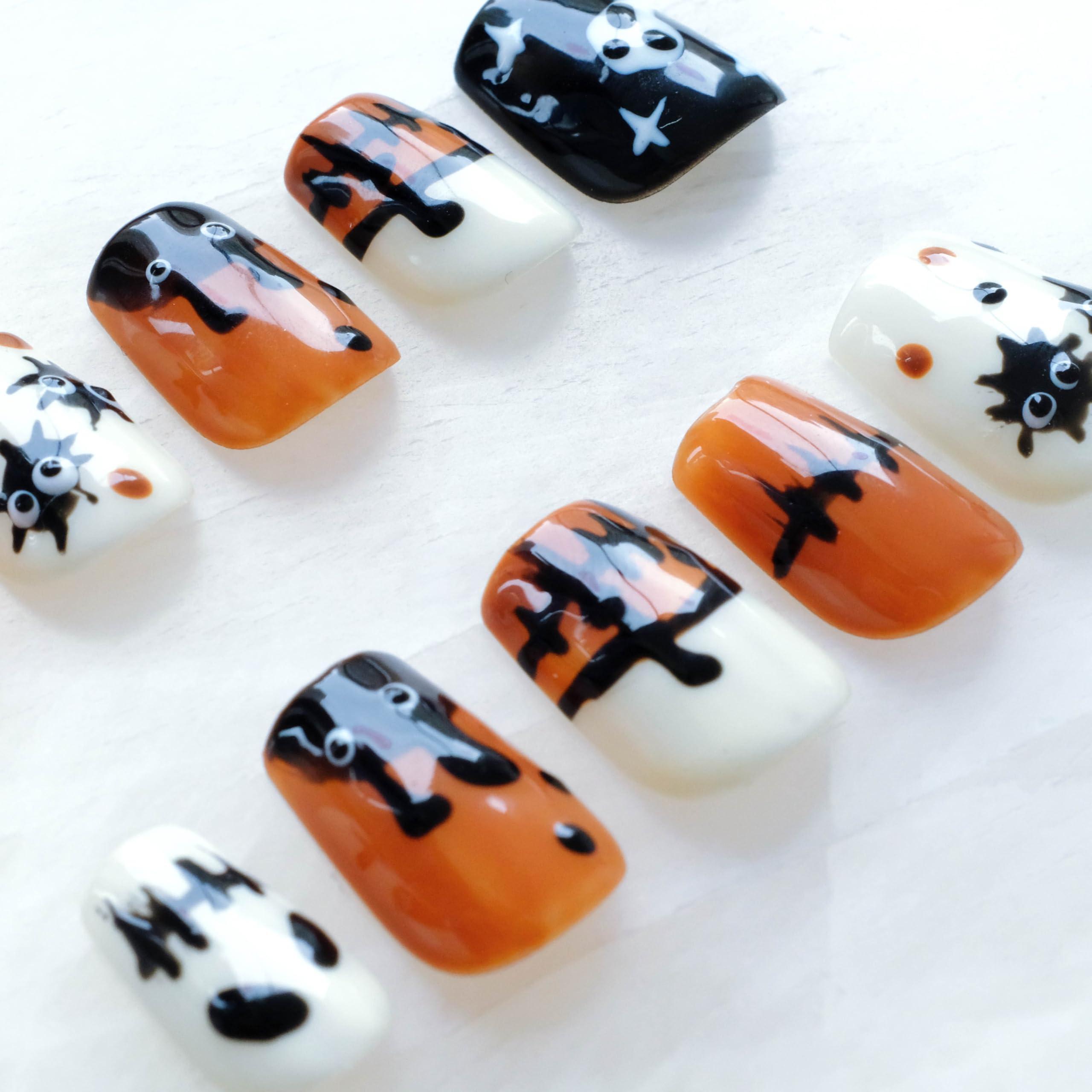 GLORS Halloween Press On Nails – Handmade Short Square False Nails (10P), Orange & Black Design